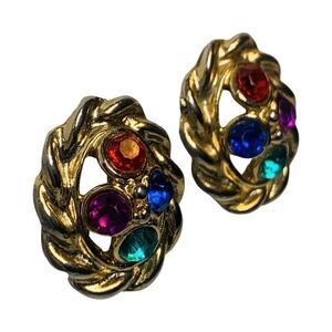 Multicolored Rhinestone Button Earrings .75" Pierced Gold Tone Easter Basket